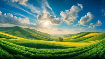 Rolling Hills with Green and Yellow Fields Under a Blue Sky photo