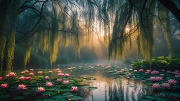 Water Lily and Willow Tree in Dreamy Landscape photo