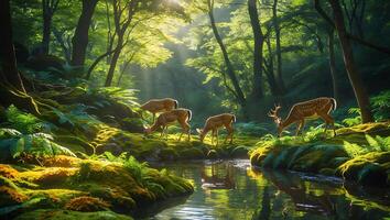 Deer Drinking From Creek in Green Forest photo
