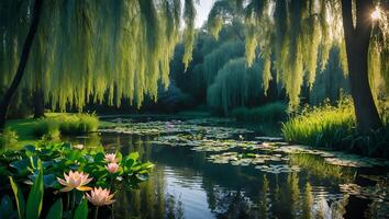 Water Lily Pond with Willow Trees photo