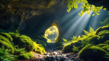 Cave Entrance with Mossy Rocks and Sun Rays photo