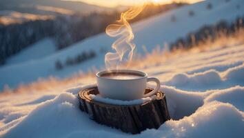 Coffee Cup with Steam on Wood in Winter Landscape photo