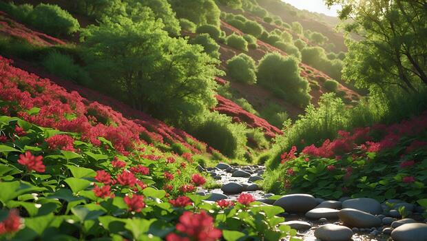 Lush Valley Stream with Red Flowers and Green Trees photo