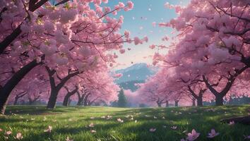 Cherry Blossom Tree in Bloom with Mountain Background photo