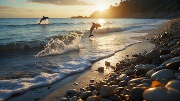 A dolphin jumping out of the water at sunset photo