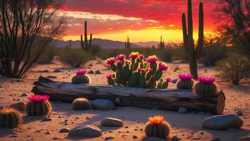 Cactus with Pink Bloom at Desert Sunset photo