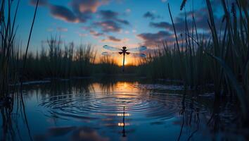 Dragonfly Over Water Ripples at Sunset photo