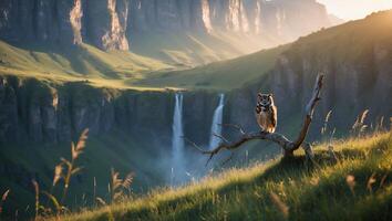 Owl on Branch with Waterfall Background photo