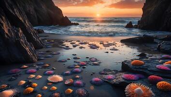 A beach with colorful sea anemones and rocks photo