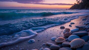 Beach at Sunset with Waves and Seashells photo