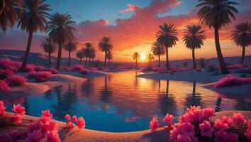 Palm Tree Sunset Over Still Water photo