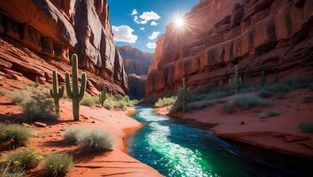 Canyon Stream with Cactus and Sunlight photo