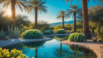 Palm Tree and Cactus Oasis with Blue Water photo