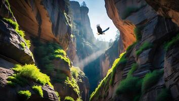 Eagle Soaring Through Mountain Canyon with Sun Rays photo