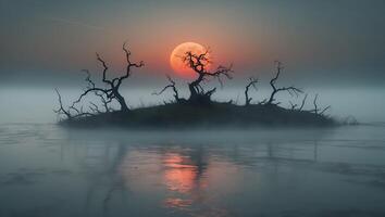 Island with Trees at Sunset in a Misty Landscape photo
