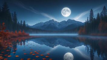 Lake and Mountain Landscape with Moon Reflection in Water photo