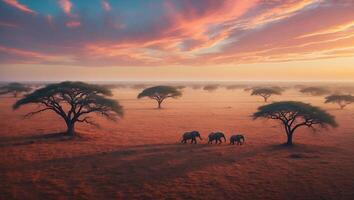 Elephant Walking Through Savannah Landscape at Sunset photo