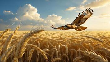 Hawk Flying Over a Wheat Field photo