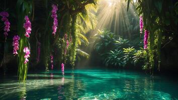 Turquoise Water and Orchid in Tropical Environment photo