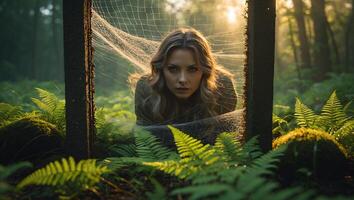 Woman Face Behind Spider Web in Forest photo