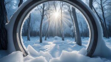 Snow Covered Forest Viewed Through Snowy Circle photo