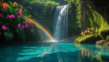 Waterfall Rainbow Tropical Scenery with Exotic Flowers photo