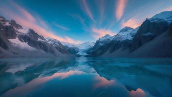 A lake surrounded by mountains at sunset photo