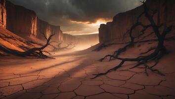 Dry Canyon with Dead Tree and Storm Clouds photo
