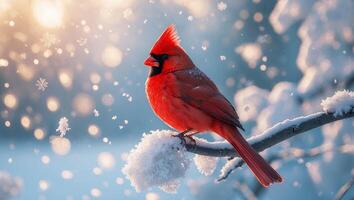 Cardinal on Snowy Branch in Winter Scene photo