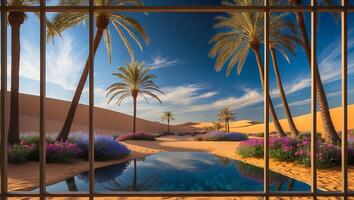 Desert Oasis Seen Through Window with Palm Trees and Pool photo