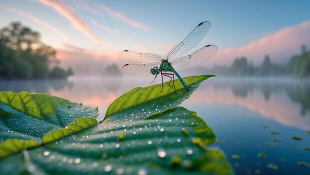 Dragonfly on Leaf at Dawn Nature Scene photo