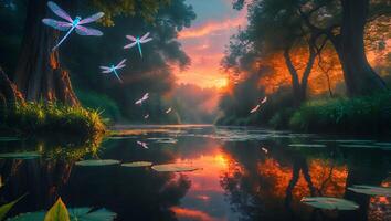 Dragonflies Flying Over River in Forest at Sunset photo
