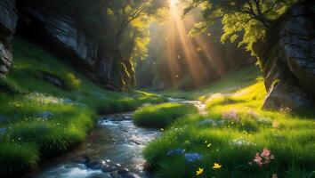 River Through Forest with Sunrays and Flowers photo