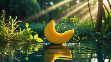 Mango Slice in Water with Sun Rays in Green Nature Scenery photo