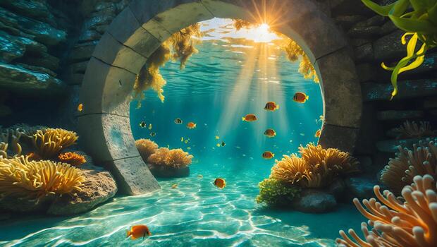 Underwater Scene with Fish, Coral, and Stone Archway photo