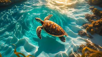 Sea Turtle Swimming in Clear Ocean Water photo