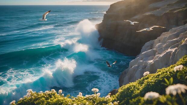 Ocean Wave Crashing on Cliff with Seagulls in Flight photo