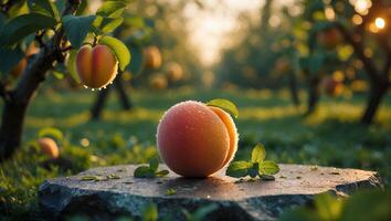 Peach and Mint Still Life in Orchard at Sunrise photo