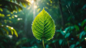 Green Leaf with Water Droplets in Rainforest photo