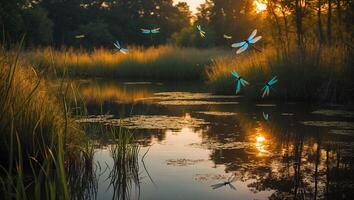 Dragonfly Over Pond at Sunset photo
