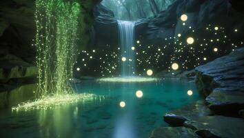 Waterfall Cave with Glowing Lights and Teal Water photo