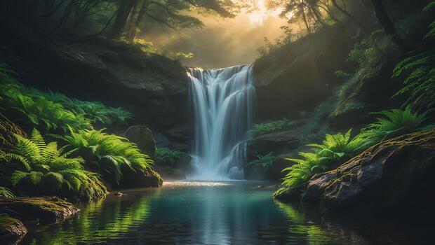 Waterfall in Forest with Green Ferns and Sunlight photo