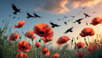 Poppy Field with Birds in Sky photo