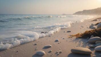 Beach with Rocks and Waves on Sandy Shoreline at Sunset photo