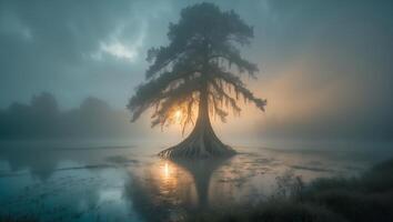 Tree in Foggy Lake at Sunrise photo