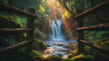 Waterfall with Sun Rays in Green Forest photo