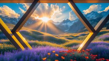 Mountain View Through Frame with Flowers and Sun photo