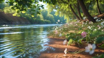 River Shore with Flowers and Trees in Sunny Weather photo