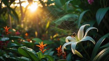 Spider and White Lily in the Sunlit Garden photo