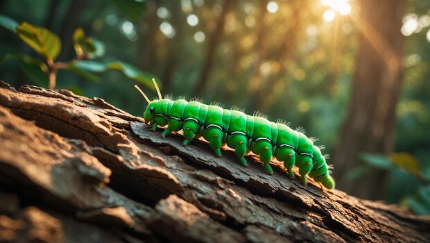 Green Caterpillar Crawling on Log in Forest photo